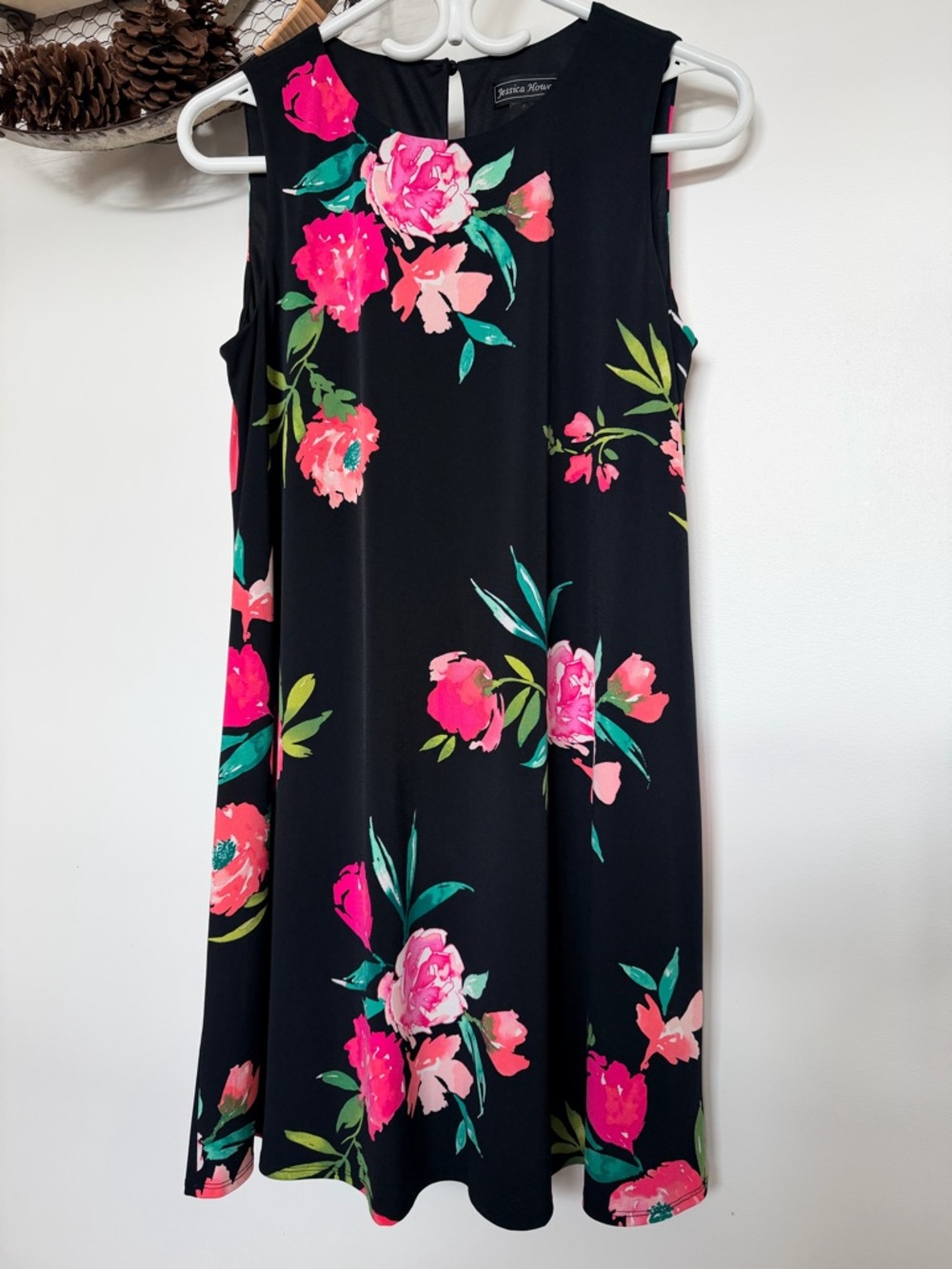 Jessica Howard Black Floral Crewneck  Sleeves Dress with Pink Coral Blooms